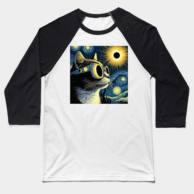 Starry night cat wearing sunglasses during eclipse Baseball T-Shirt by Fun Planet